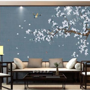 Chinoiserie Brushwork Hand Painted Hanging Magnolia Tree and Birds Wallpaper, Flying Vivid Birds Wall Murals Wall Decor