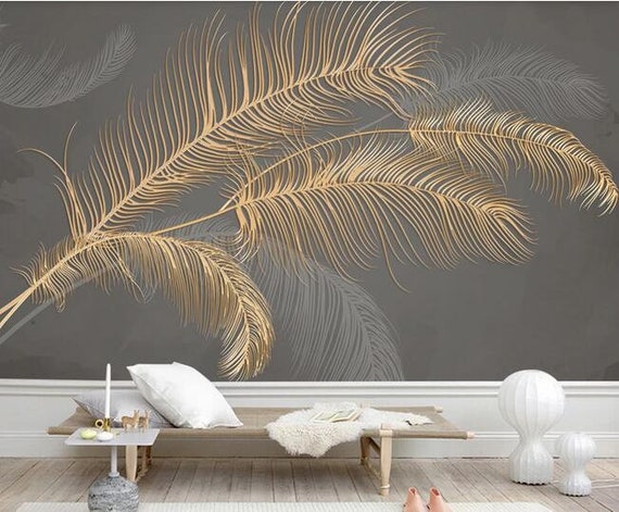 3D Golden Embossed Modern Palm Leaves Custom Mural Wall - Etsy