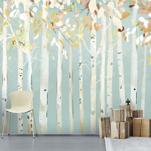 Oil Painting Huge Trees Forest Birch Forest Wallpaper Wall Mural, Autumn Trees Forest Wall Mural, Living or Dinning Room Wall Mural