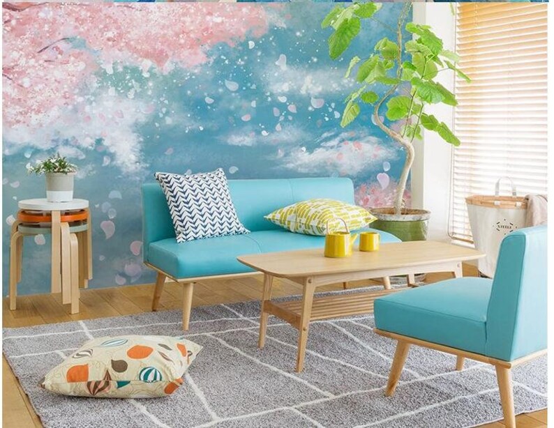 Cartoon Pink and Blue Nursery Wallpaper Sky Blue Baby's Etsy