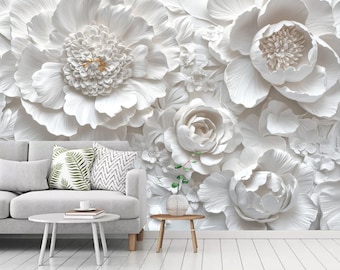 3D White Flowers & Rose Wallpaper Mural: Living Room Decor