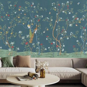 Chinoiserie Peacock Wallpaper Mural: Blue Vine Floral Wall Decor