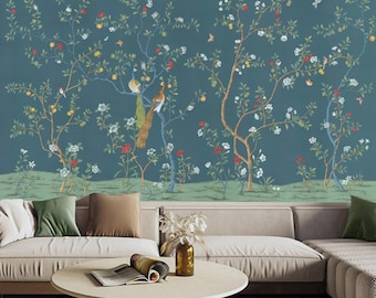 Chinoiserie Brushwork Blue Background Vine Flowers and Peacocks Wallpaper Wall Mural Wall Decor for Living Room Bedroom or Dinning Room
