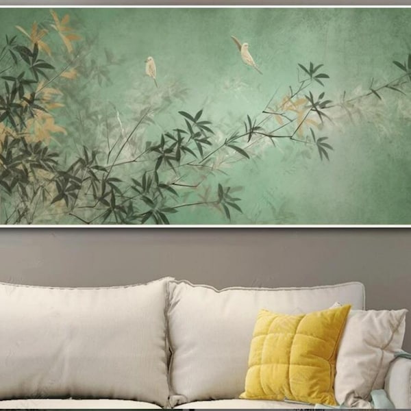 100% Handmade Oil Painting, Chinese Style Bamboo Oil Painting, Handmade Birds Wall Art Picture Living Room Bedroom Decor (No Frame)