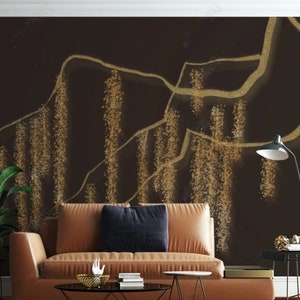Gold Willow Tree Wallpaper Mural: Dark Background, Living Room Decor
