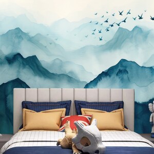 Cartoon Ombre Blue Mountains Nursery Kids&#39; Babies&#39; Children&#39;s Room Wallpaper Wall Mural Home Decor