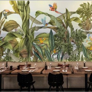 Tropical Rainforest Plants Flowers and Birds Jungle Wallpaper, Naughty Monkey, Zebra and Lizard Animals Wall Murals