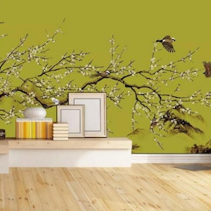 Chinoiserie Brushwork Hand Painted Hanging Cherry Tree Wallpaper, Vivid Birds and Yellow Background Wall Murals Wall Decor