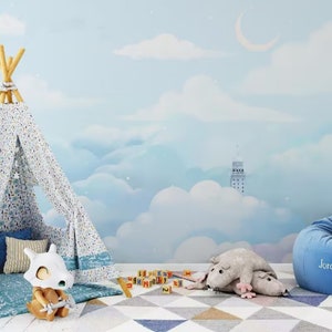 Sky Blue Clouds Nursery Wallpaper Mural: Kids Room Decor