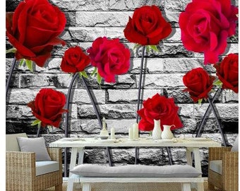 Romantic Fresh Red Rose Photo Vintage Brick Wallpaper Wall Mural Living Room Bedroom Background Wall Covering
