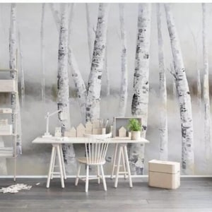 Oil Painting Huge Trees Forest Birch Forest Wallpaper Wall Mural, Winter Trees Forest Wall Mural, Living or Dinning Room Wall Mural