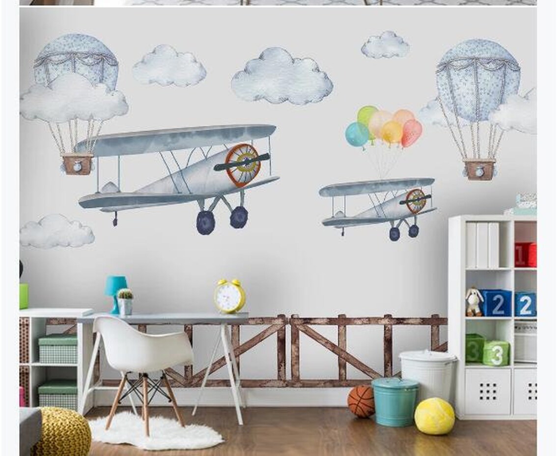 Cartoon Airplanes Nursery Wallpaper Hot-air Balloon and - Etsy