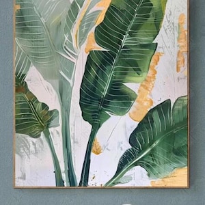 100% Handmade Oil Painting, Banana Leaf Oil Painting, Handmade Leaves Wall Art Picture Living Room Bedroom Decor (No Frame)