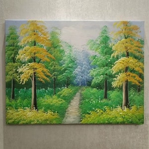 100% Handmade Oil Painting, Tree Forest Oil Painting, Countryside Road Landscape Wall Art Picture Living Room Bedroom Decor (No Frame)