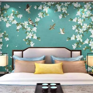 Fine Brushwork Chinoiserie Hand Painted Hanging Magnolia Tree Wallpaper Wall Murals, Birds&Flowers and Hanging Flower Wall Mural Wall Decor