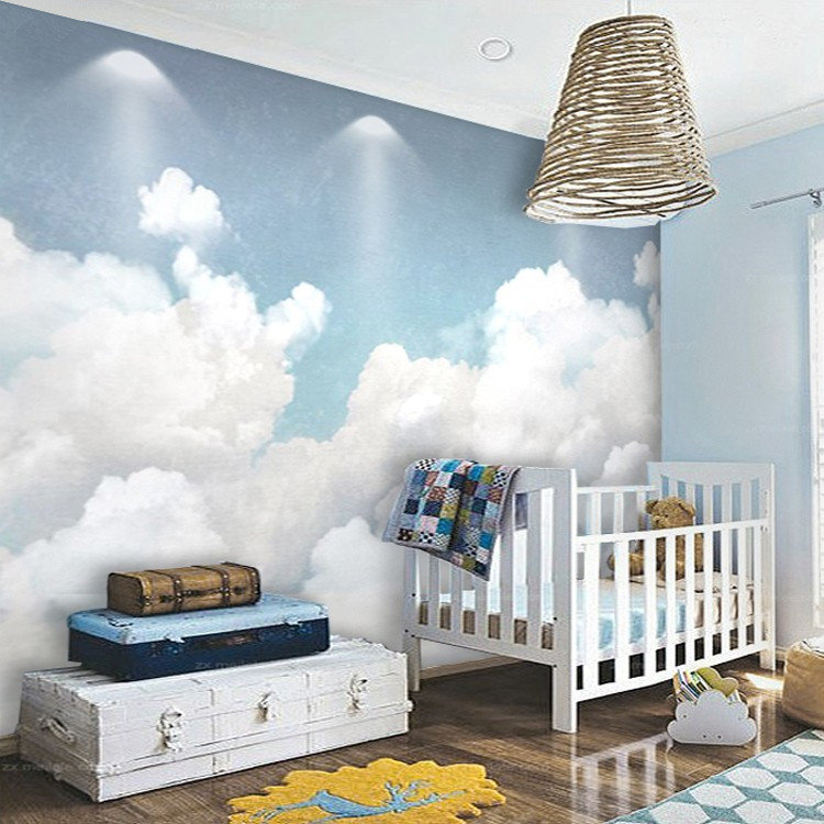 Abstract Handpainted Blue White Clouds Nursery Wallpaper Blue Etsy