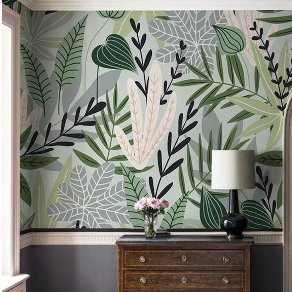 Watercolor Handpainted Leaf Wallpaper, Northern European Herbs and Tropical Plants Wall Murals Wall Decor for Living or Dinning Room