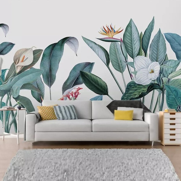 Watercolor Tropical Plants Wallpaper, Flower and Birds with Green Plants Wall Mural, Plants Living Room or Bedroom Wallpaper Wall Murals