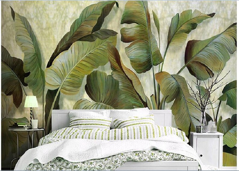 Dark Green Banana Leaves Wallpaper Wall Mural Floral Wall | Etsy