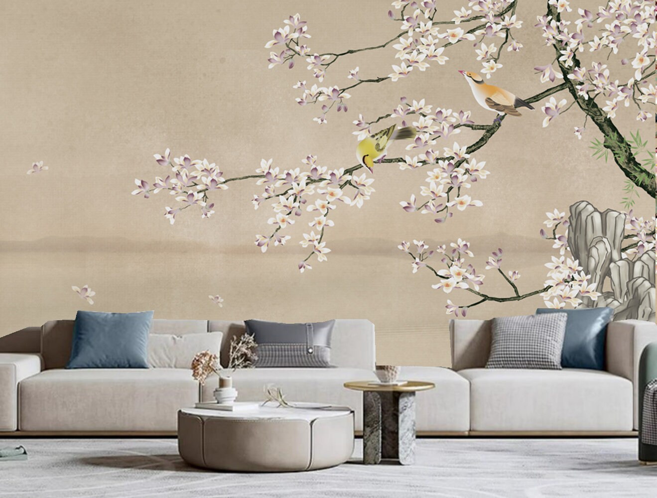 シノワズリ風梅の花の鳥の壁紙壁画：剥がして貼るだけのウォール