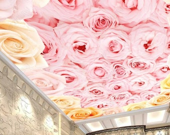 Pink and Yellow Rose Flower Floral Living Room Bedroom Ceiling Wallpaper Wall Mural