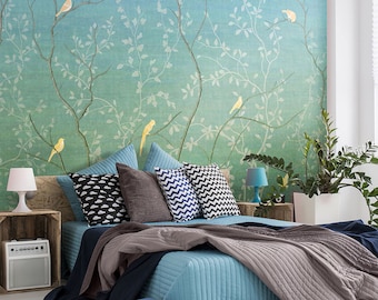 Chinoiserie Mural Tree Branch Wallpaper, Home Decor Wall Murals, 3 Different Colors Flying Birds Wallpaper, Wall Decor, Wallpaper