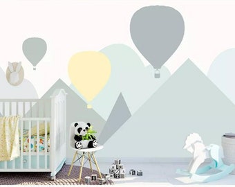 Hand Painted Cartoon Geometric Nursery Children Wallpaper Wall Mural, Grey Geometric Mountain Hot-air Balloon Kid Children Room Wall Mural