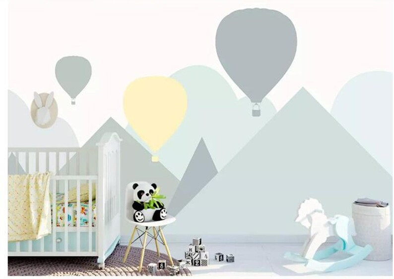 Hand Painted Cartoon Geometric Nursery Children Wallpaper Wall Mural Grey Geometric Mountain Hot-air Balloon Kid Children Room Wall Mural