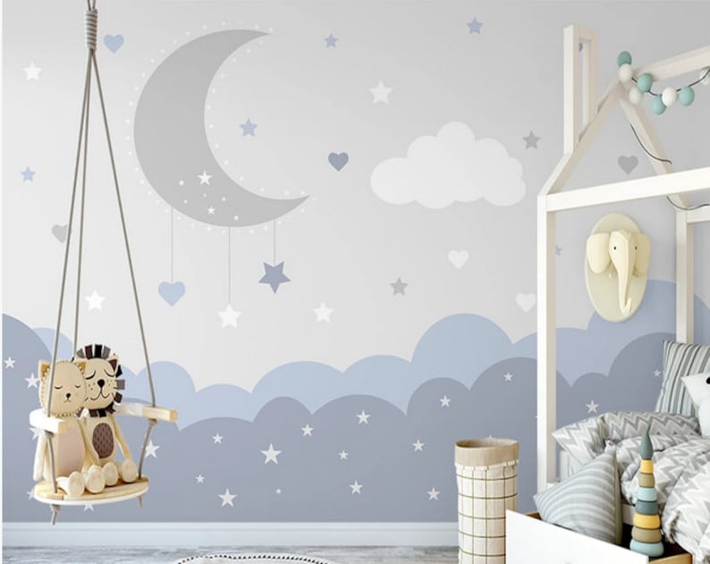 Cartoon Creative Clouds Nursery Wallpaper Lovely Stars and - Etsy