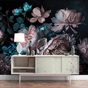 Dark Background Rose Flowers Floral Wallpaper Wall Mural Home Decor for Living Bedroom or Dinning Room