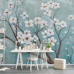 Light Blue Background Cherry Blossom Tree Wallpaper, White Small Flowers Wall Mural, Living or Dinning Room Wallpaper