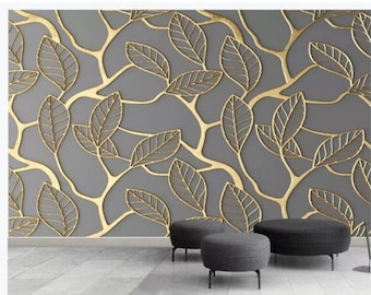 Handpainted Gold LeavesWallpaper, Beautiful Gold Tropical Plants Wall Murals Wall Decor
