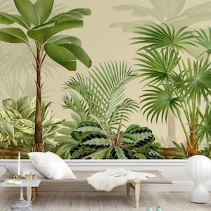 Hand Painted Tropical Plants Wallpaper Wall Mural, Green Tropical Palm Trees Plants Wall Mural, Rainforest Tropical Plants Wall Mural