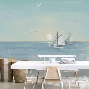 Blue Sea and Waves with Seaboat Wallpaper Wall Murals Wall Decor