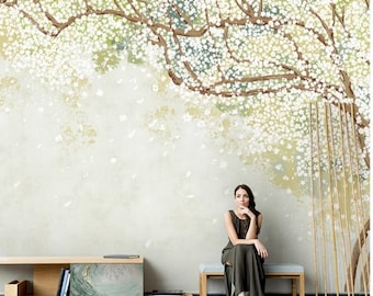 Chinoiserie Cherry Blossom Tree Wallpaper Mural: Peel & Stick Sakura Wall Decor