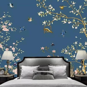 Chinoiserie Vine Flower Tree Wallpaper Wall Murals, Vine Flowers Birds&Birdcage with Flying Butterfly Wall Mural Wall Decor