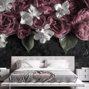 Dark Background Coral Roses Flowers Floral Wallpaper Wall Mural Home Decor for Living Room Bedroom or Dinning Room