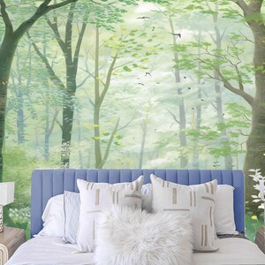 Cartoon Green Tree Forest with Flying Birds Kids' Babies' Room Children's Room Nursery Wallpaper Wall Mural Home Decor