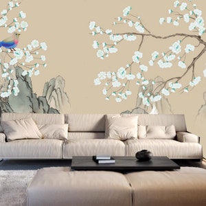 Chinoiserie Magnolia Blossom Wallpaper Mural: Birds & Mountains, Peel and Stick