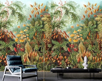 Vintage European Tropical Plants Wallpaper, Tropical Rain Forest Wall Mural, Living or Dinning Room Wallpaper