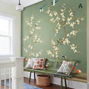 Chinoiserie Brushwork Hand Painted Hanging Plum Tree Wallpaper, Flying Birds and Flowers Rockwork Wallpaper Home Decor Wall Murals