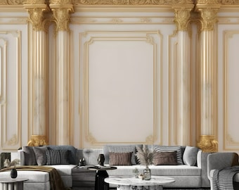 3D White Columns Luxury Golden Trims Wallpaper Wall Mural Home Decor for Living Room Bedroom Dinning Room