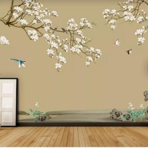 Fine Brushwork Chinoiserie Magnolia Tree Wallpaper Wall Mural, MagnoliaTree Wall Mural Birds &Flowers MagnoliaTree Wallpaper Wall Mural