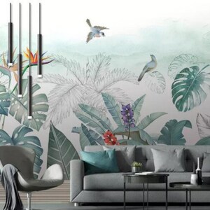 Tropical Plants Wallpaper Wall Mural, Flying Birds Leaves and Plants Wall Mural, Rainforest Tropical Plants Wall Murals