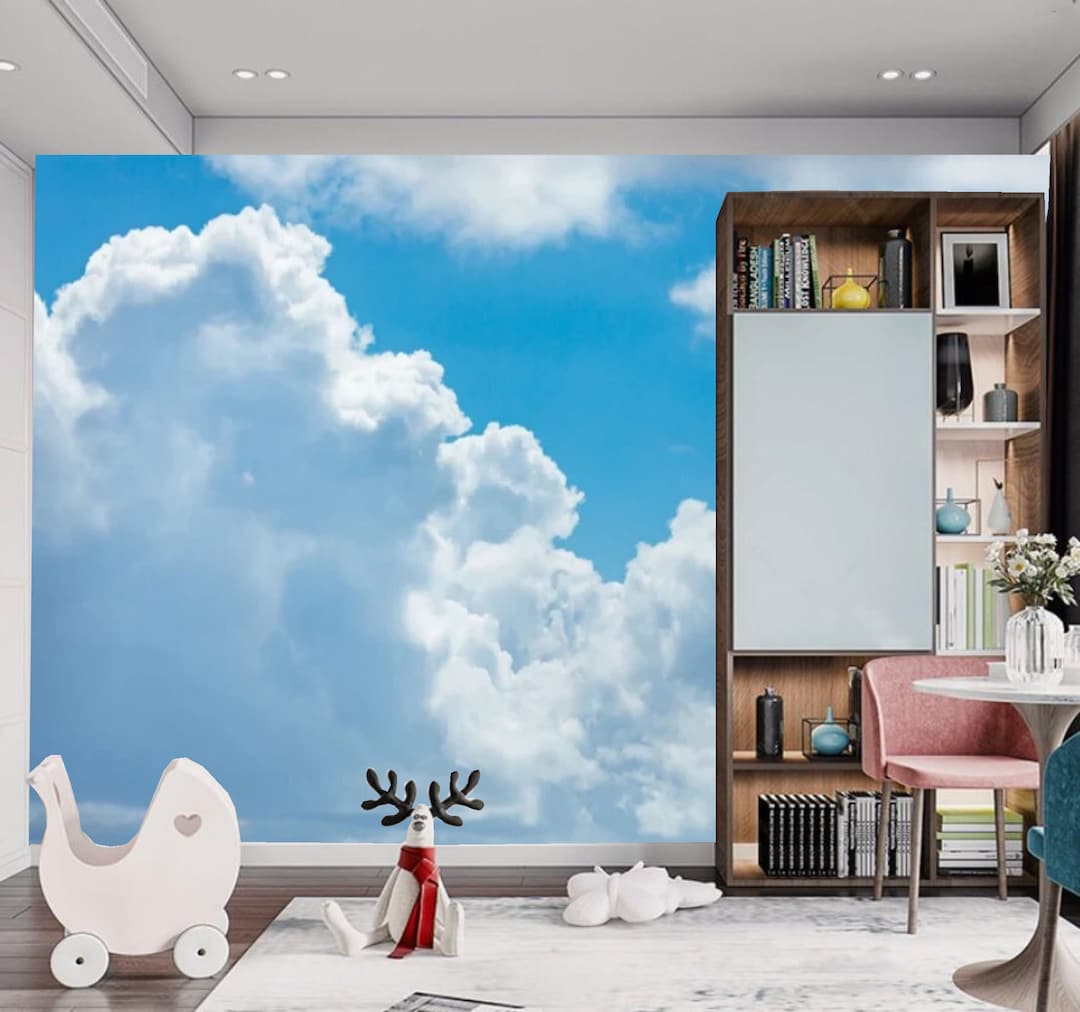 Sky Blue White Clouds Kids' Babies' Children's Room Nursery Wallpaper ...