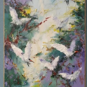 Handmade Flying Cranes Oil Painting: Floral Wall Art Decor