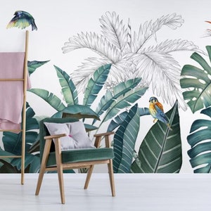 Tropical Rainforest Plants Wallpaper, Southeast Asia Tropical Banana Leaf & Plants Vivid Bird Wall Mural for Living Room or Bedroom