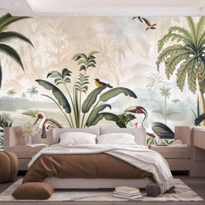 Sunset Tropical Rainforest Coconut Trees Plants with Mountains Toucan Landscape Wallpaper Wall Mural Home Decor