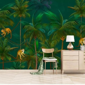 Dark Blue Background Coconut Palm Trees Wall Mural, Three Naughty Monkeys Wall Mural, Living or Dinning Room Wall Mural Home Decor