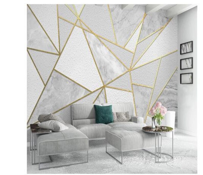 Modern Simple Geometric Marble Wallpaper Golden Line Photo Etsy